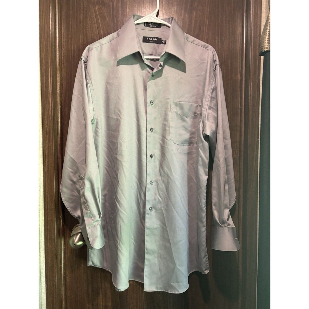 George Men's Sateen Button-Up Long Sleeve Gray Dress Shirt Sz M 32/33